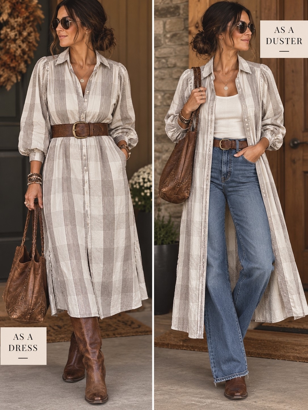 Plaid Print Button-Front Dress Duster in Taupe